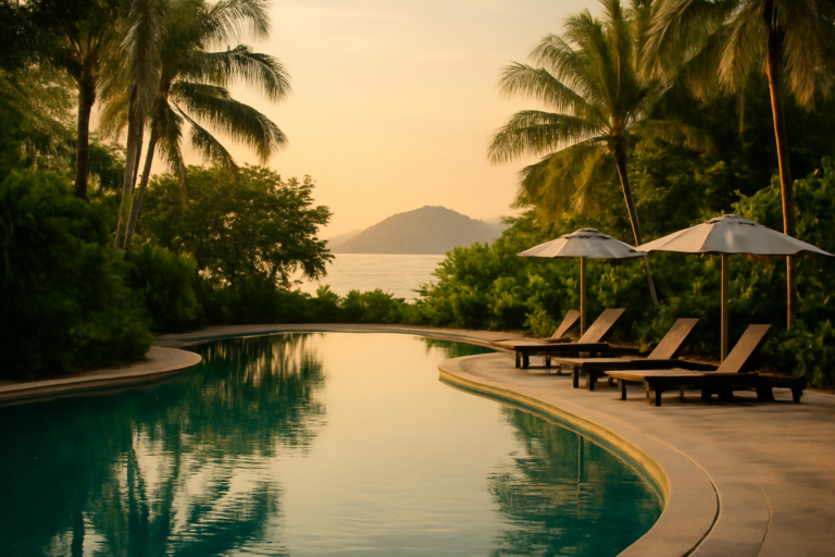 Suasana resort tropis di Langkawi dengan kolam renang dan pemandangan laut