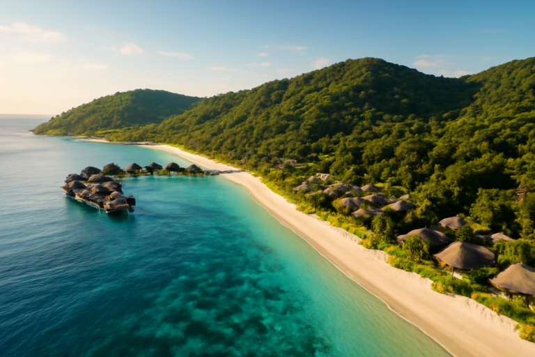 Pemandangan udara resor tepi pantai di Langkawi dengan air laut biru dan perbukitan hijau