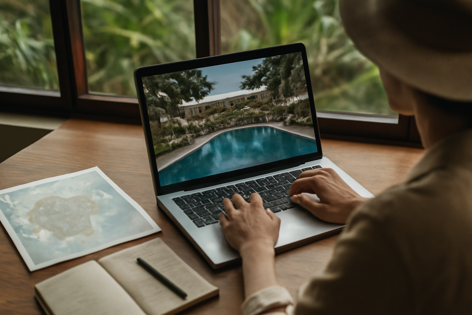Seseorang sedang memesan resort Langkawi secara online dengan peta dan catatan di meja