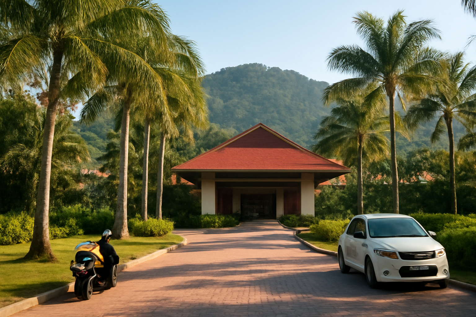 Jalan masuk resort di Langkawi dengan pepohonan palem dan kendaraan sewaan