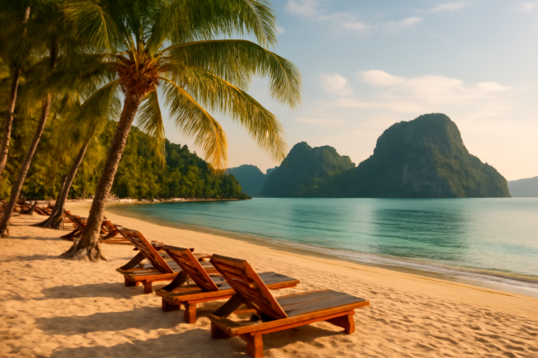 Deretan kursi pantai di depan resort tepi laut Langkawi dengan air laut tenang
