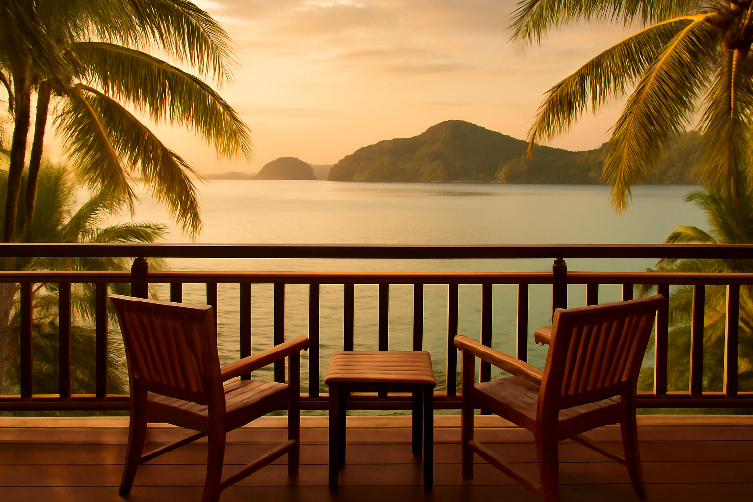 Balkon resort di Langkawi menghadap laut dan pulau hijau saat matahari terbenam