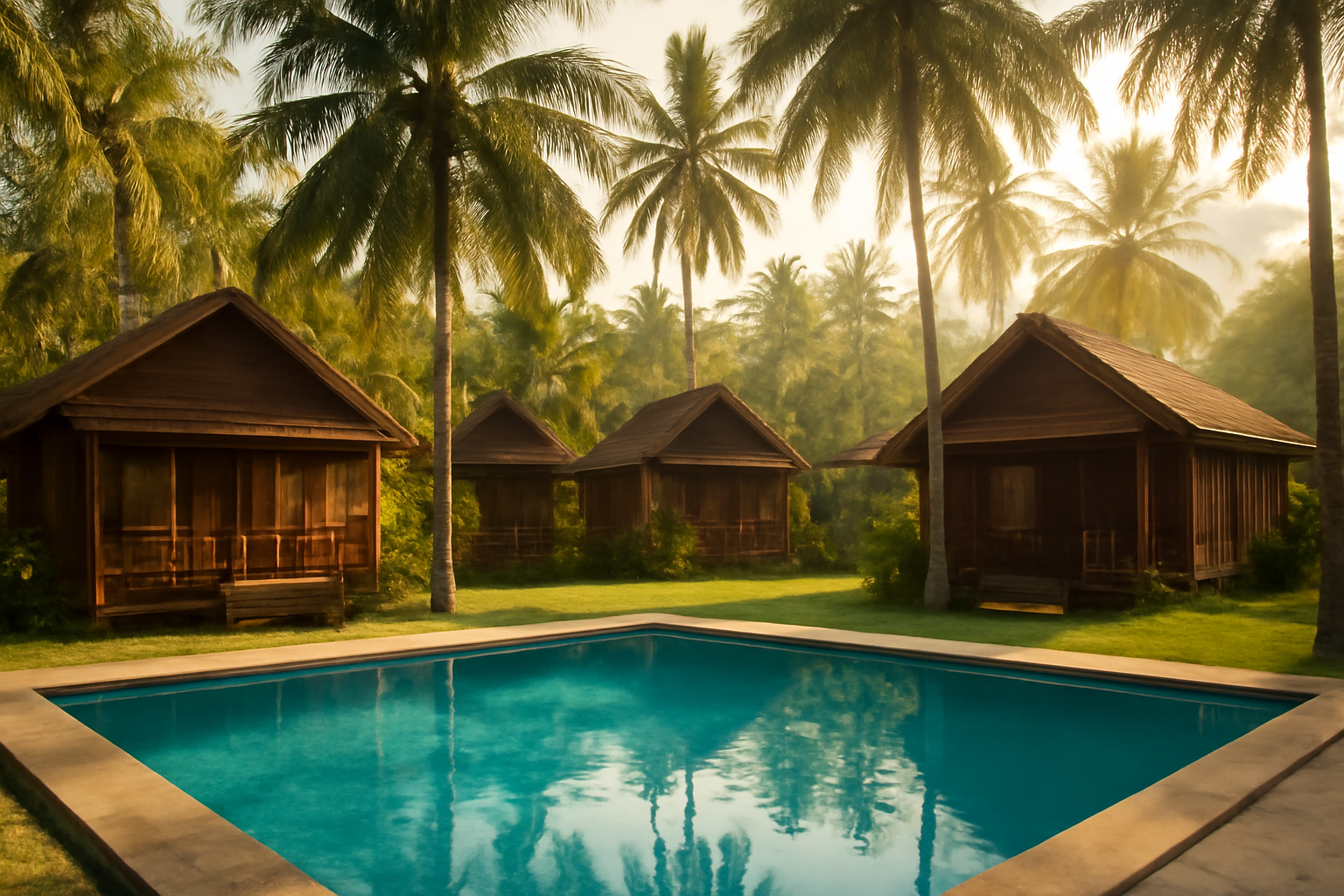 Deretan chalet kayu di resort kecil Langkawi dengan kolam renang dan pepohonan kelapa