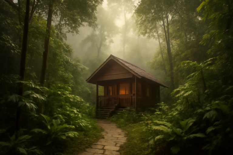 Bangunan resort kayu di antara pepohonan hutan tropis Langkawi pada pagi hari