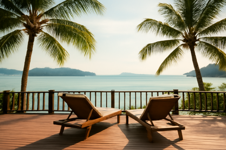 Teras resort tenang di Langkawi menghadap laut, cocok untuk bulan madu