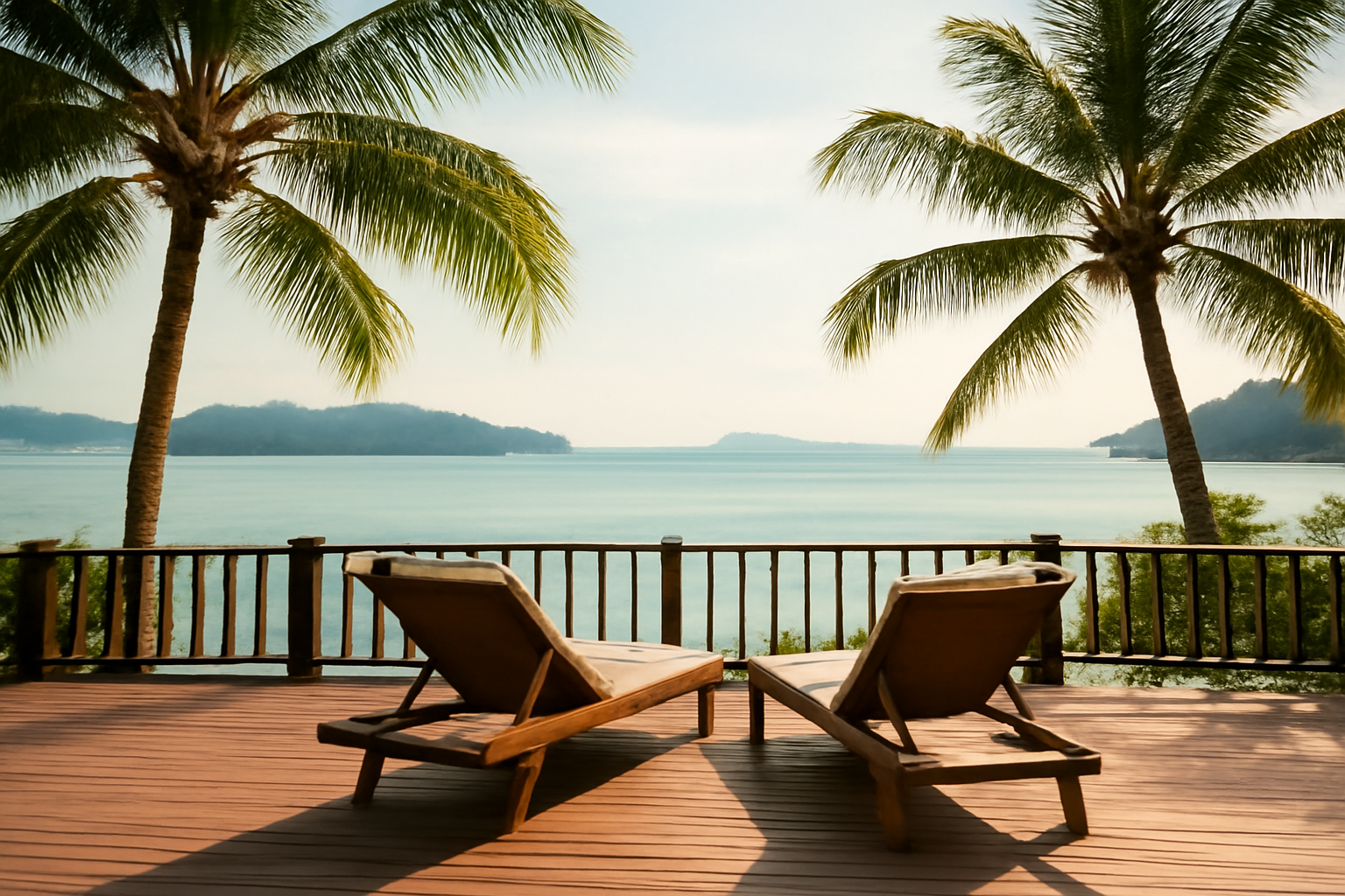 Teras resort tenang di Langkawi menghadap laut, cocok untuk bulan madu