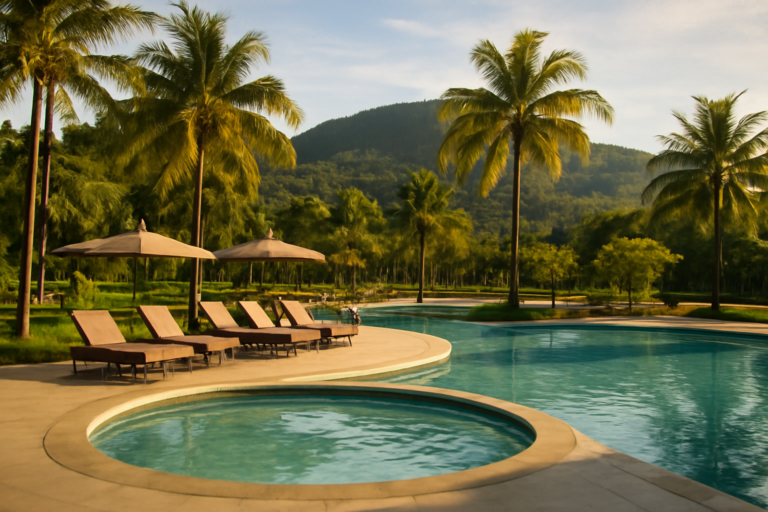 Area kolam resort tropis di Langkawi dengan bagian kolam dangkal untuk anak dan pepohonan kelapa