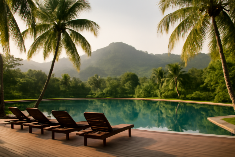 Suasana kolam resort tropis di Langkawi dengan latar perbukitan hijau